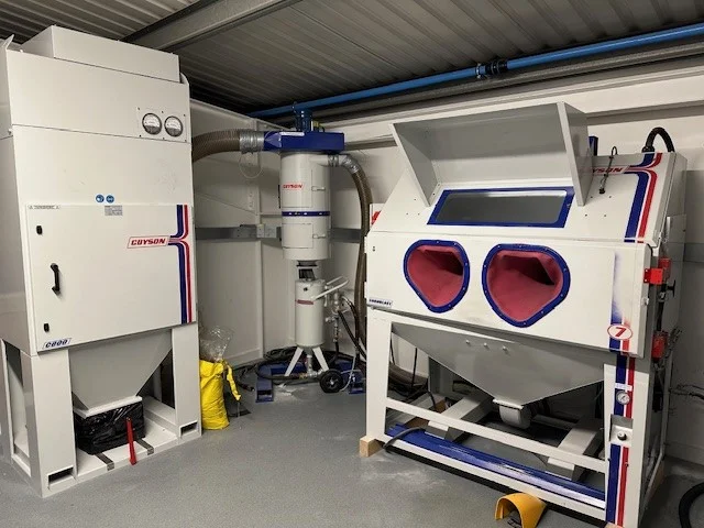 Glass bead blasting cabinets in the Metro Plating workshop, Uxbridge